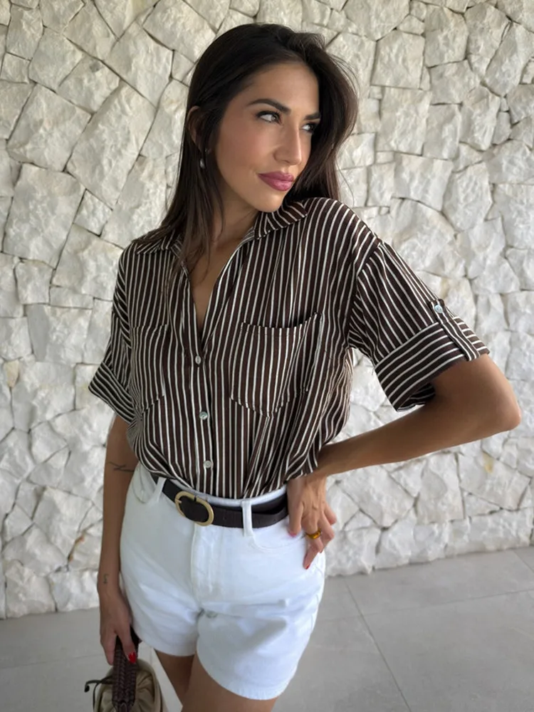 UNIZERA Damen-Freizeithemd aus Leinenmischung mit weitem Ärmel und Kragen, vielseitiges, minimalistisches Design, kurzes Sommer-Pendler-Top