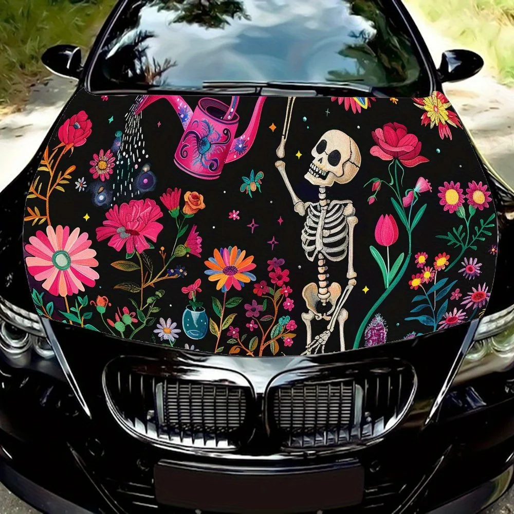 Hippie Skull in Flower Field car hood stickers, waterproof self-adhesive, scratch resistant, easy to stick, durable car PVC stic