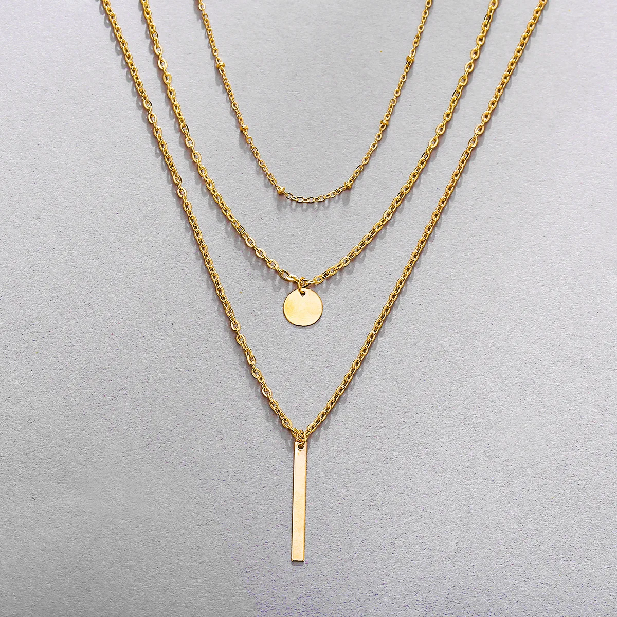 Layered Copper Bead and Sequins Metal Strip Necklace Three Strand Creative Alloy Collarbone Chain for Daily Wear