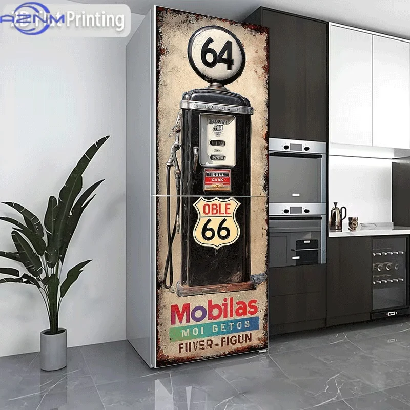 Printing Refrigerator Sticker  Vintage Airplane Refueling Nostalgic Poster Themed Design Self-Adhesive Wall Decal Wallpaper Re