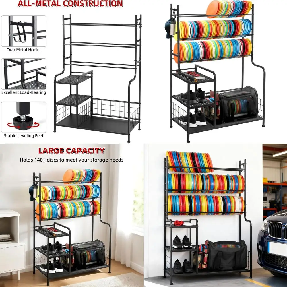 

Disc Golf Storage Rack, Large Capacity Metal Organizer with Hooks for Sports Equipment, Holds 140+ Discs