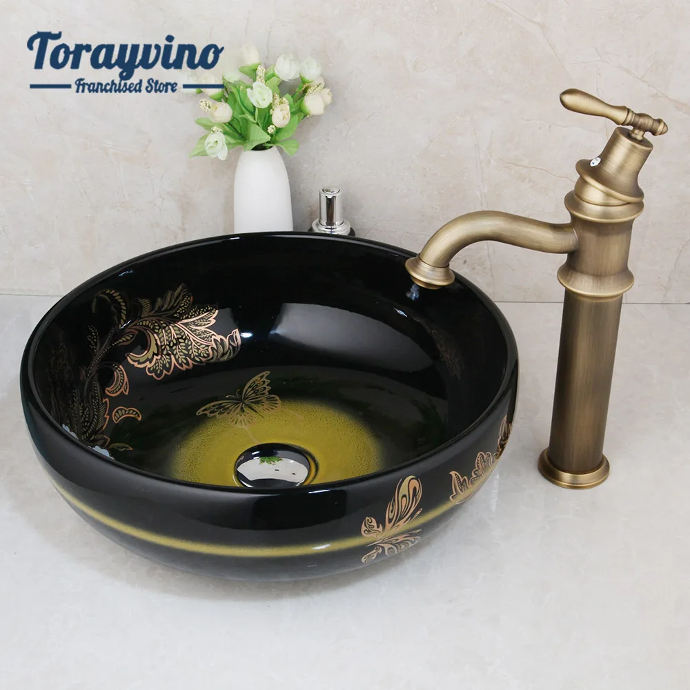 Torayvino Black Round Paint Bowl Sinks Vessel Basin Bathroom Washbasin Ceramic Basin Sink Roman Antique Brass Basin Mixer Faucet