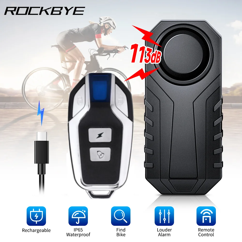 Rockbye Bicycle Burglar Alarm IP65 Waterproof Wireless Remote Control 113dB Type-C Rechargeable Motorcycle Anti-Theft System