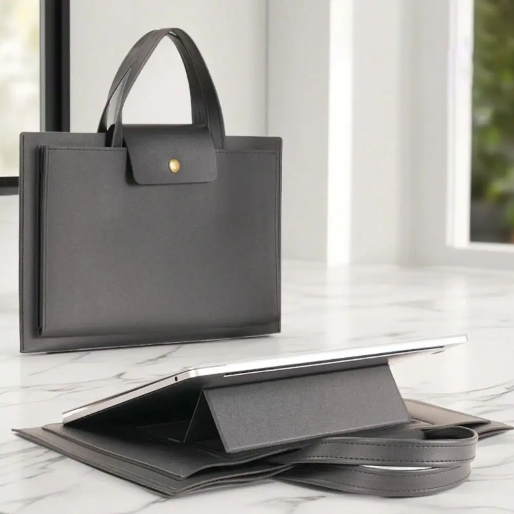 13-14/15-16 Inch Carrying Laptop Pouch Wear-resistant Leather Notebook Stand Handbag Foldable for MacBook/Huawei/Lenovo/HP/Dell