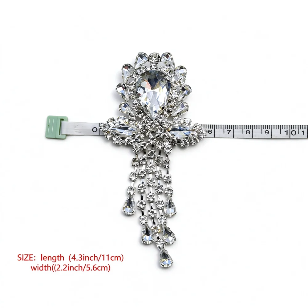 Hand Welded Rhinestone Tassel Brooch Pin, 11cmx5.6cm, Crystal Waterdrop Stone, Suit Wedding Dress Decor, Sold Per Piece