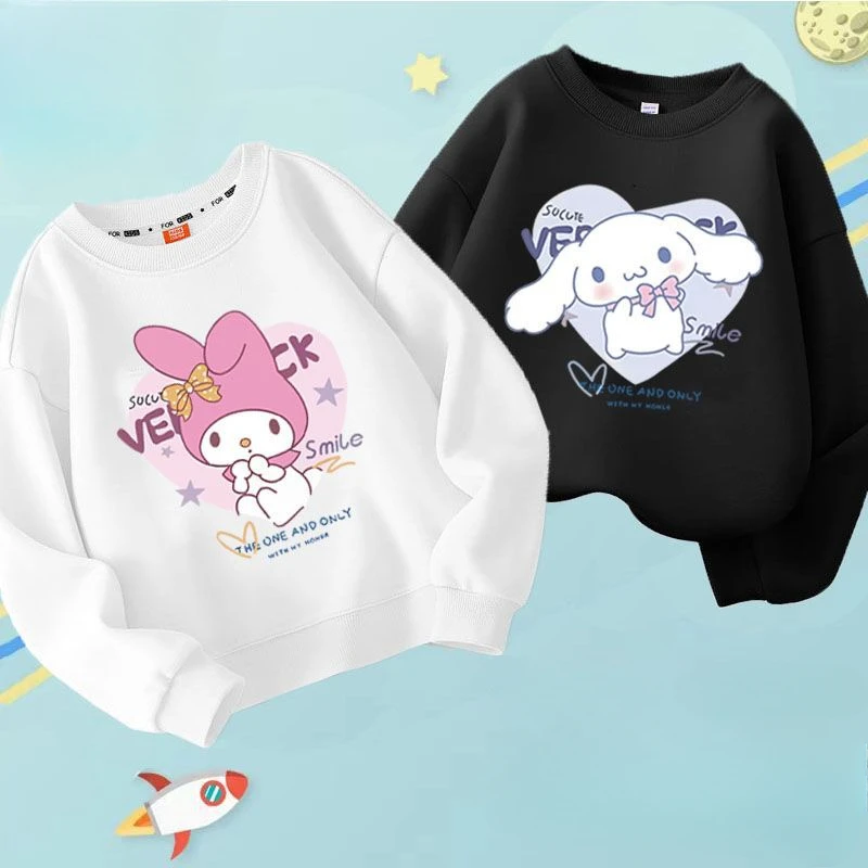 Cute Girl Kuromi Hoodies Kawaii Cinnamoroll Pullover  Two pieces Round neck Sweatshirts Cartoons Children Casual  Kids Clothes