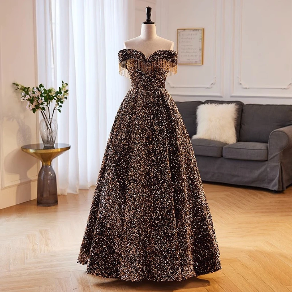 

Fashion Black Sequins Evening Dress Strapless Boat Neck Floor-Length Senior Light Luxury Temperament Formal Prom Host Gowns 2024