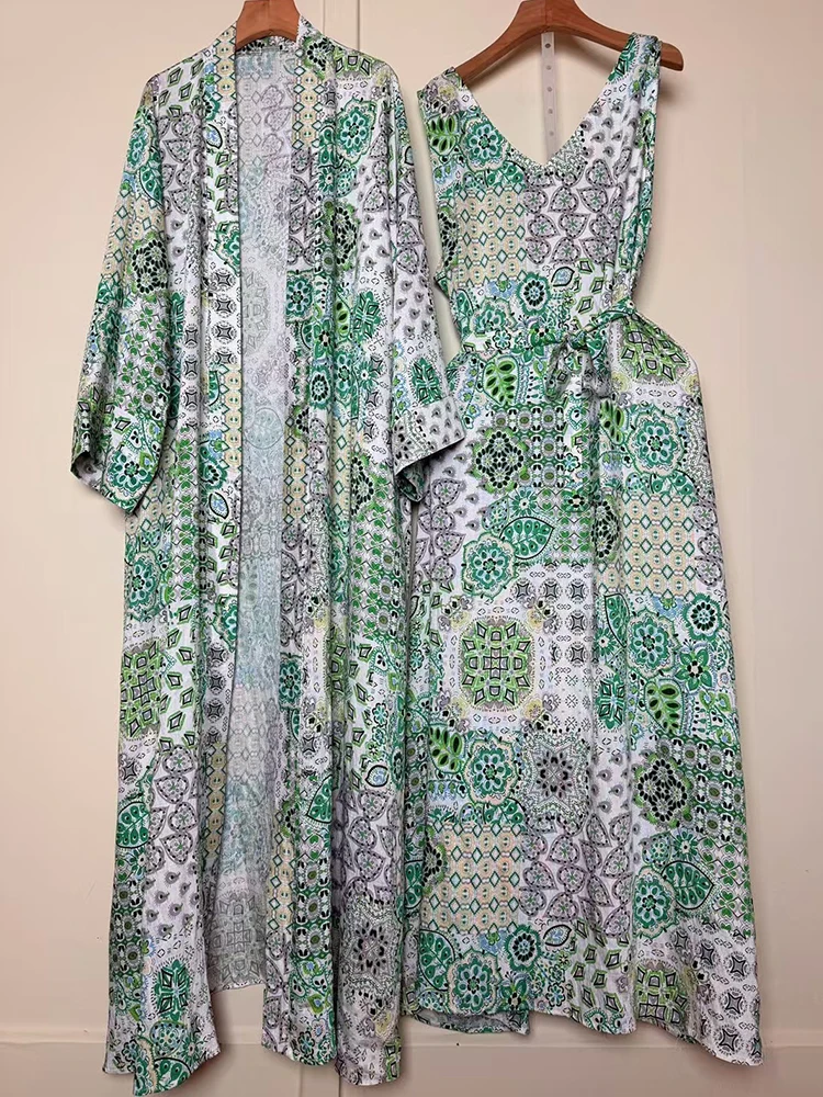 Retro geometric print long cardigan jacket two-piece set for 2025 autumn women's wear + loose sleeveless vest dress fashion set