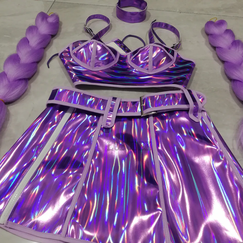 Paarse Laser Tops Rok Gevlochten Pruik Rave Outfit Sexy Nachtclub Bar DJ Gogo Prestaties Danskostuum Festival Party Stadium Slijtage