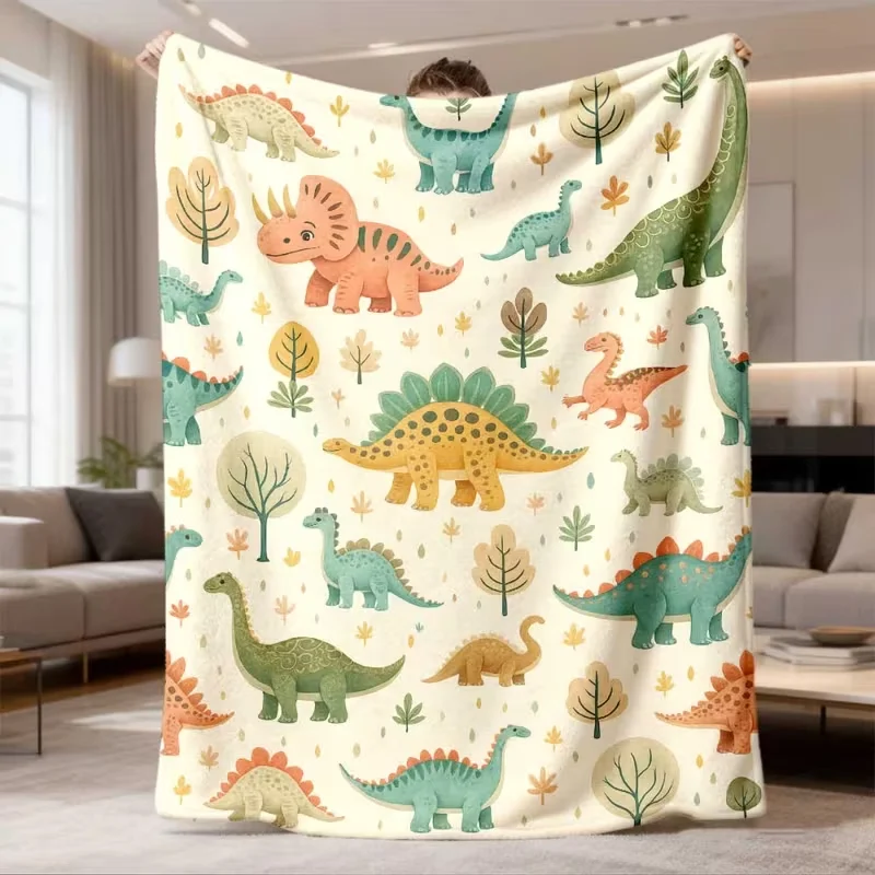 Cute Cartoon Dinosaur Wildflower Print Throw Blanket Various Dino Green Plant Pattern Soft Warm Blanket All Season