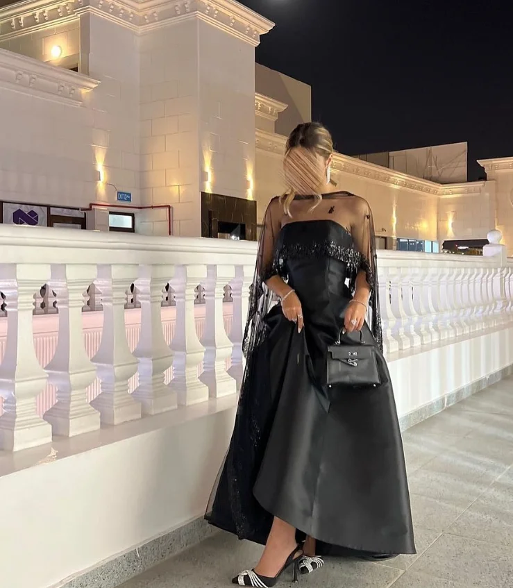 블랙 발목 길이 사우디 이브닝 정장 드레스 랩 케이프 Gillter 맞춤형 댄스 파티 행사 가운 فستان سهرة نسائي