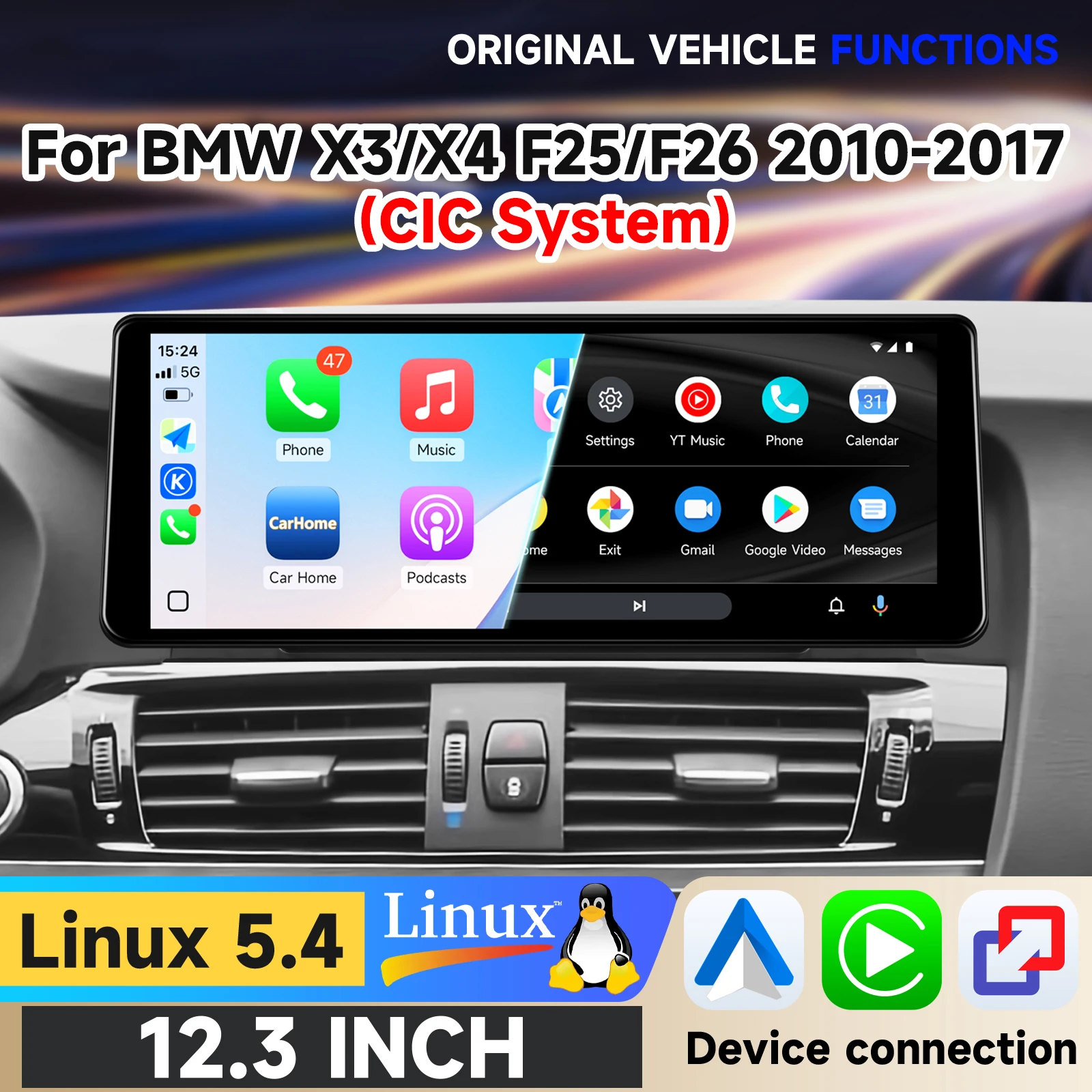 Hizpo Linux 5.4 System 12,3 Zoll Auto-Multimedia-Player für BMW X3 F25 X4 F26 2010-2017 CIC Intelligentes System Touch-Display Airplay Autoradio-Player Stereo GPS-Navigation Audio Original