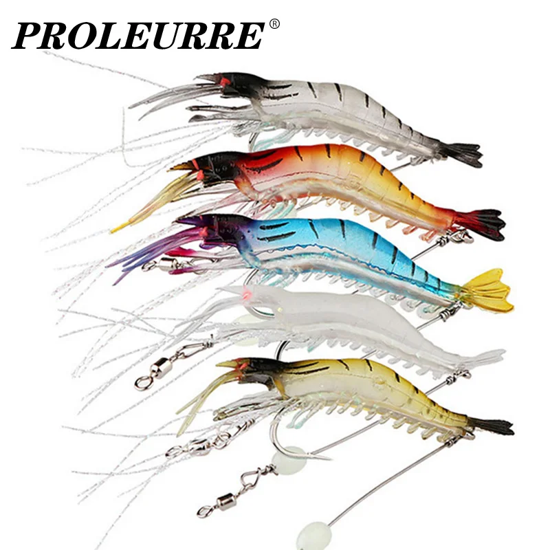 5pcs Luminous Silicone Shrimp Soft Lure Wobblers With Glow Bead Swivels Hook Sabiki Rig Swimbaits Fishing Tackle Artificial Bait