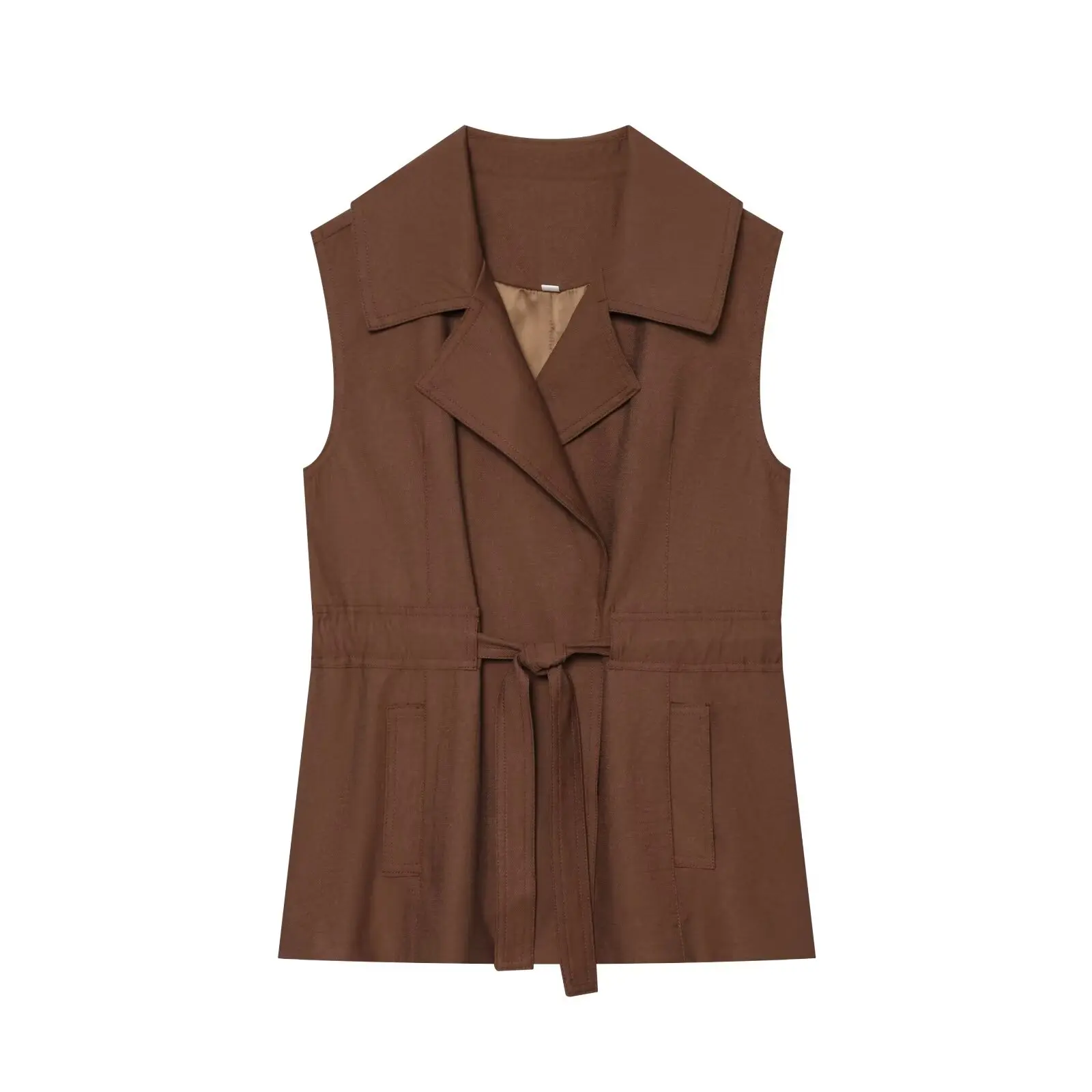DUOPERI Women Brown Lapel Tie Waist  Coat Sleeveless Blazer Vest Female Chic Lady Fashion Casual Coat