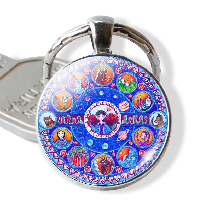 12 Zodiac Car Keychain Choose Circular Glass Keychain Zodiac Decoration Chain 25MM Not Easy To Lose