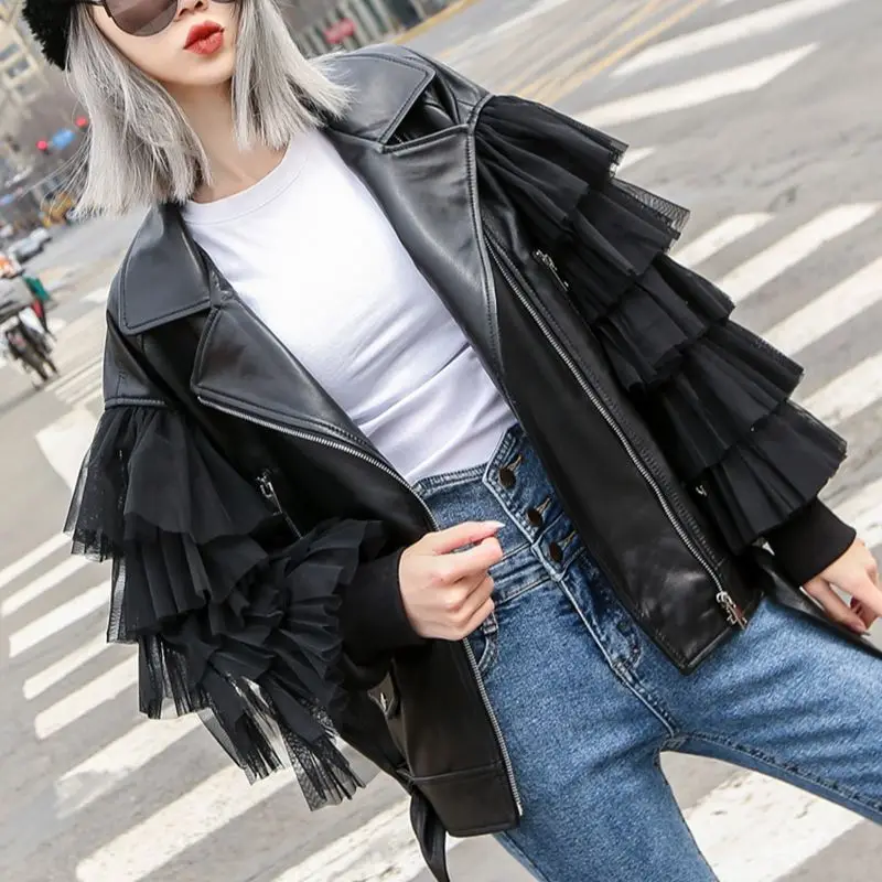 Lady Fashion Real Leather Jacket New Styles Genuine Sheepskin Leather Women  Tiered Tulle Sleeve Moto Jacket S7547