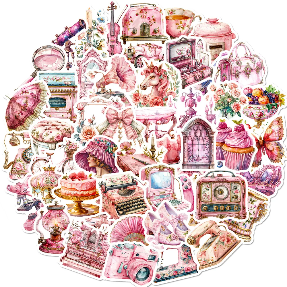 10/30/50pcs Vintage Pink Cute Aesthetic Decoration Stickers Cartoon Graffiti Decals DIY Motorcycle Suitcase Helmet Retro Sticker