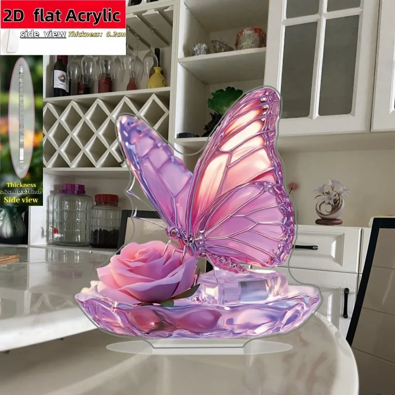2D Flat, 1pc Pink Butterfly on Rose Acrylic Desktop Ornament - L-Shaped Suitable for Home, Farmhouse, Office Decor with Rose Bas