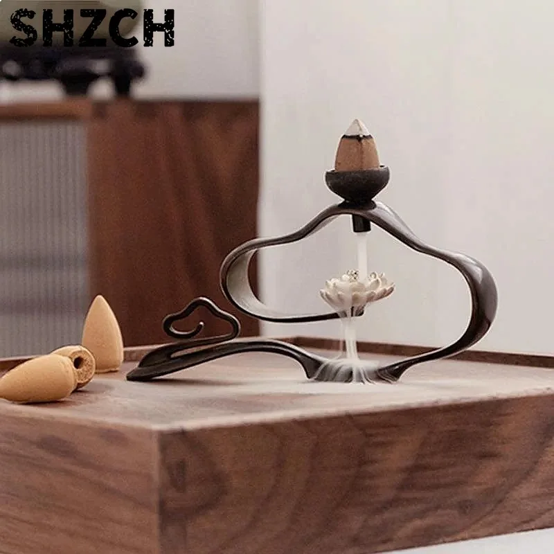 Brass Lotus Backflow Incense Burner Waterfall Tea Table Zen Home Decor
