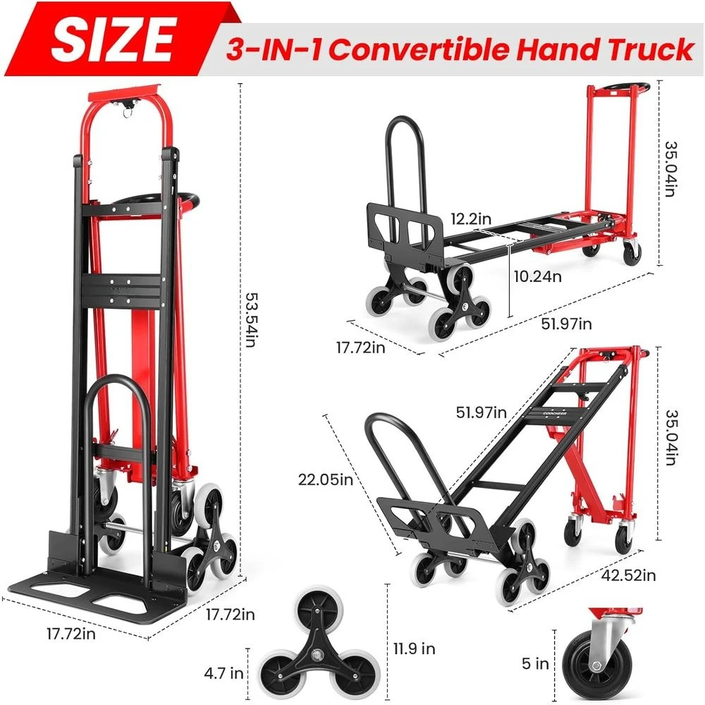 1000 lbs Capacity 4-in-1 Convertible Hand Truck Dolly with Stair Climbing Feature - Heavy Duty Industrial Utility Cart (Red)