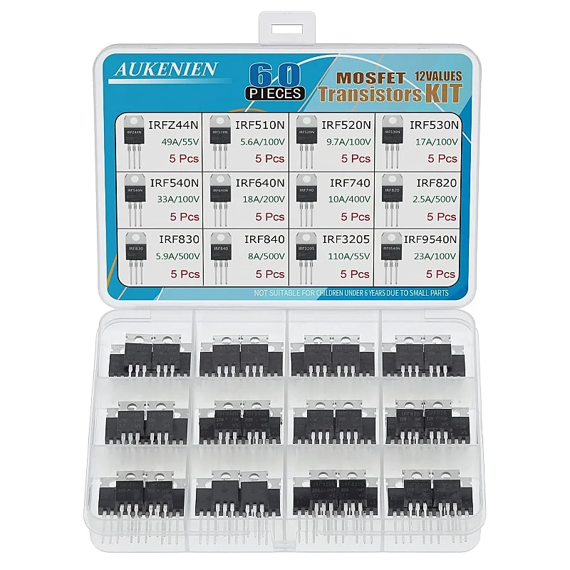 

AUKENIEN Mosfet Transistor Kit 12Values 60PCS IRFZ44N IRF510N-IRF540N IRF640N IRF740 IRF820 IRF830 IRF840 IRF3205 IRF9540N TO222