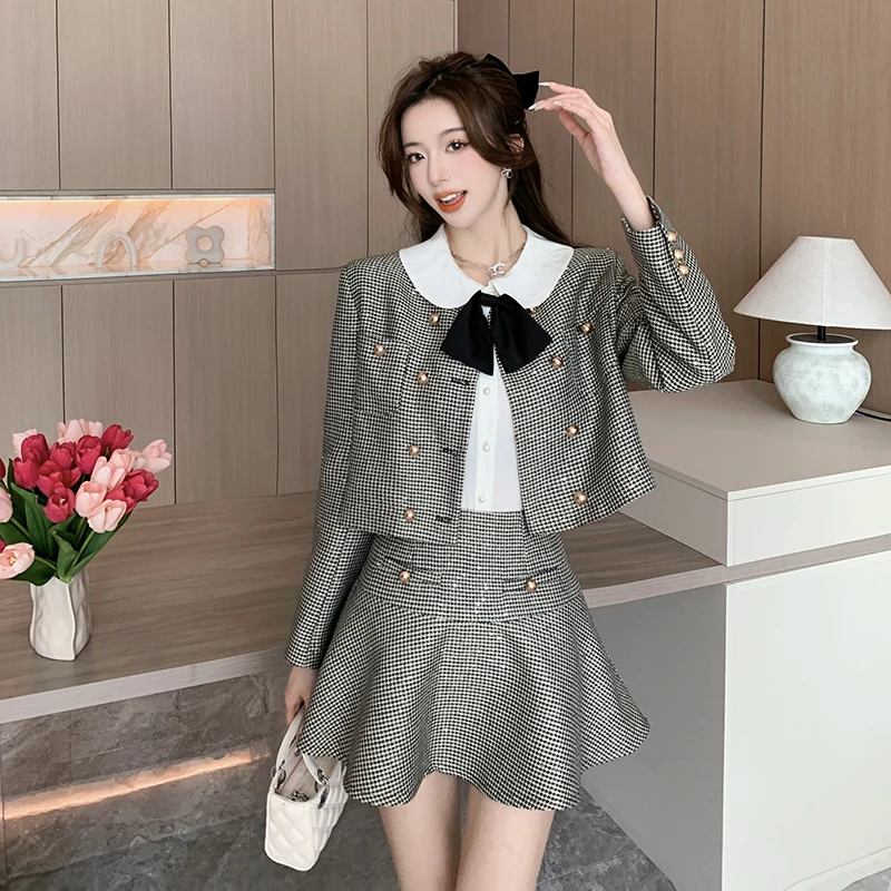 Women Chic Fashion Sequin Y2K Suit Jacke Coat White Shirt Top And Mini Skirt Three Piece Set Outfit Sequin Plaid 2023 Clothing