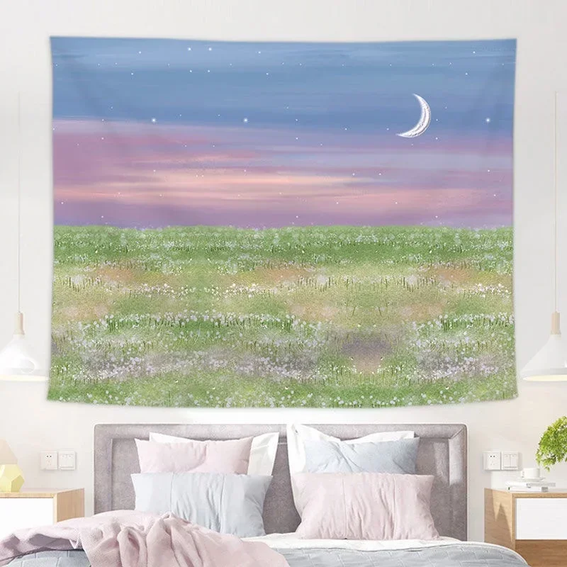 

Pink Cloud Moon Printing Tapestries Aesthetic Hanging Cloth Background Canvas Oil Painting Dream Bedroom Living Room Decoration