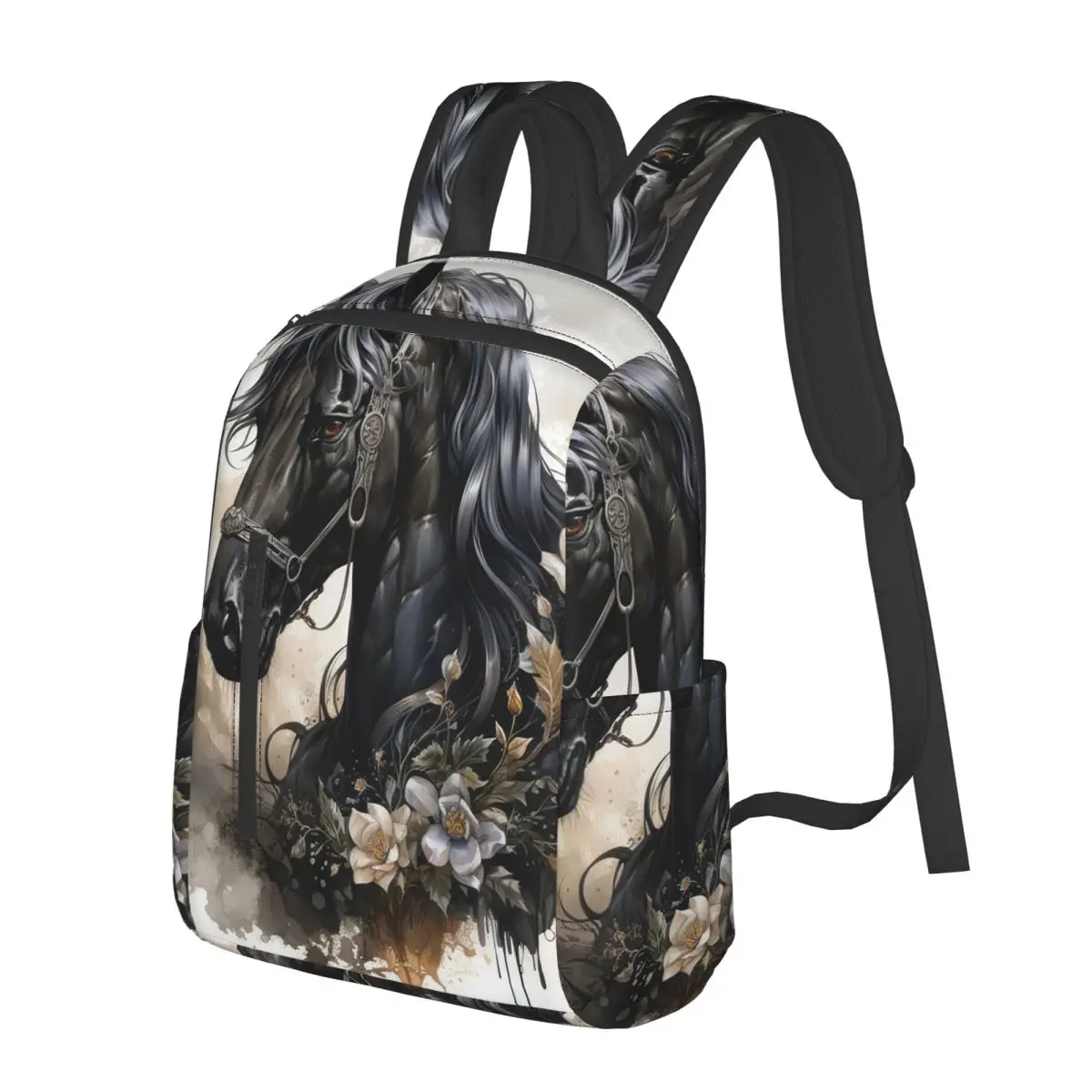 

Flowers Surround Black Horse Print Student Backpack School Bag Hiking Travel Daypack for Men Women Bookbag Shoulder Bags