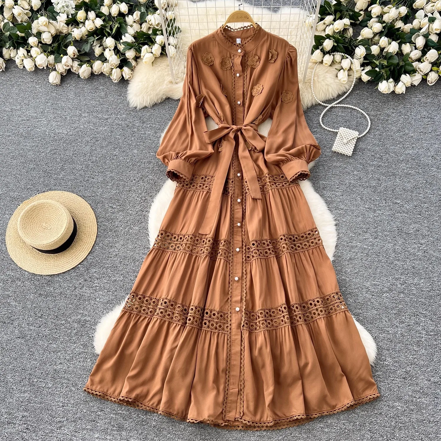 

French Elegant Dress Female Bohemian Three-dimensional Flower Pearl Single-breasted Waist Lace Stitching Long Dress Casual Beach