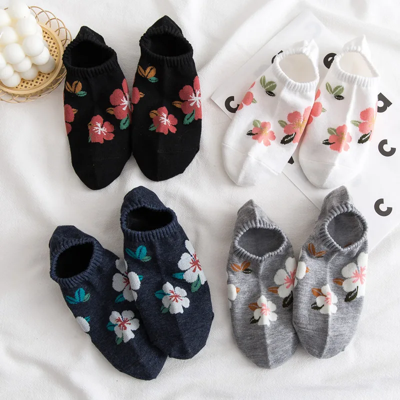 Khaki Floral Silicone Non-slip Low Cut Ankle Boat Sock No Show Socks Women Fashion Invisible Antiskid Woman Sock Slippers Summer