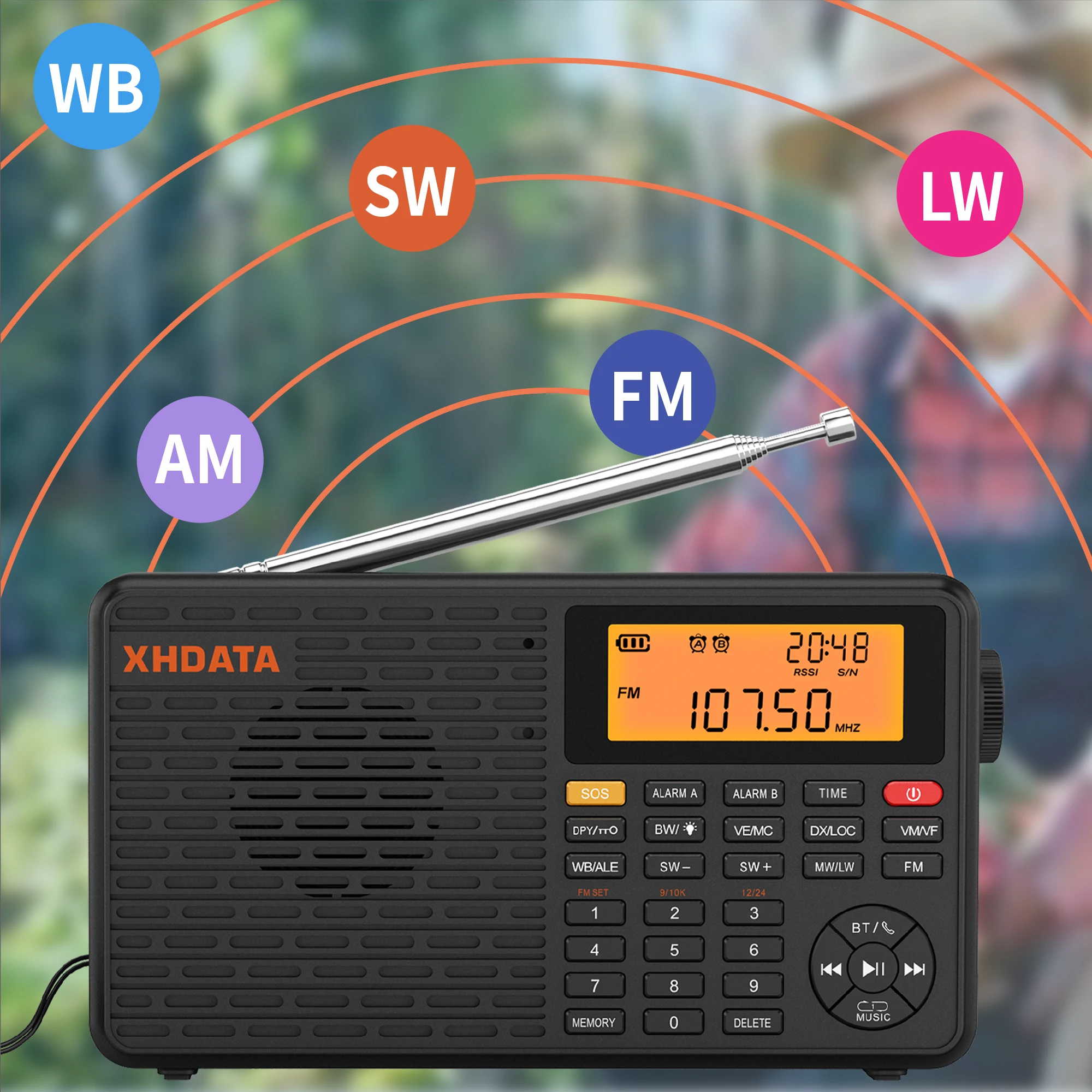 XHDATA 휴대용 디지털 라디오 FM AM SW LW 스테레오 블루투스 TF 카드 MP3 플레이어 실내 및 실외용 D-109/D-109WB