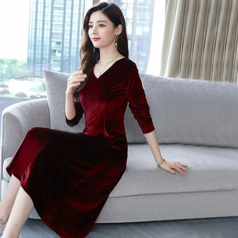 New Women Spring Autumn Golden Velvet Dress Medium Long Loose Large Size Middle Aged Elderly Vestidos Mom's Solid Color Dresses