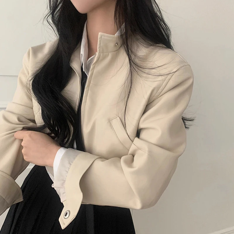 Chic Autumn New Small Design Sense Stand Collar PU Leather Jaet Loose ort Sve Long Motorcycle Clothes Outerwear Women