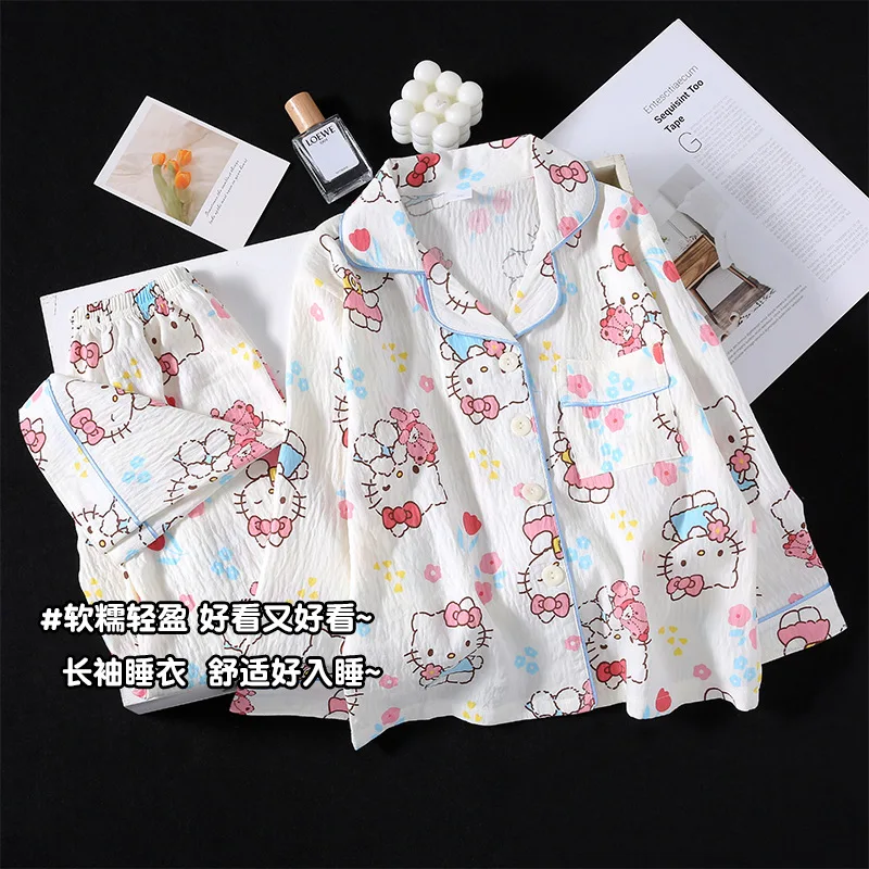 Kawaii 2 قطعة مرحبا كيتي كورومي سينامورول بيجامات أطفال مجموعة أنيمي الوالدين والطفل موضة فضفاضة طويلة الأكمام الكرتون Homewear