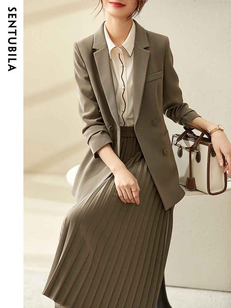 SENTUBILA Elegant Blazer and Skirt Set for Women Spring Autumn Long Sleeve Suit Jacket Pleated Skirts 2 Pieces Sets 123Z43430