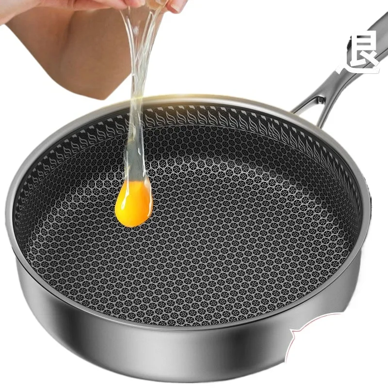 Frying Pan with Glass Lid 26/28cm Stainless Steel Honeycomb Skillet Uncoated Kitchen Cookware Induction Cooker Gas Stove Fry Pan