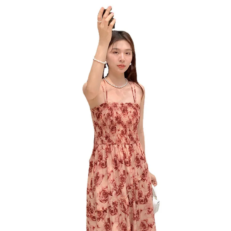 Vestido floral romântico francês estampado de chiffon feminino, verão, novo, produto vendido quente, produto vendido quente, 2024