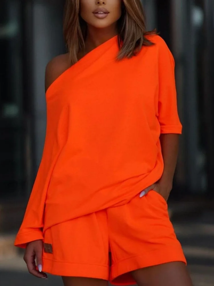 

Wmstar Two Piece Set Women Wholesale Woman Trendy Fashionable Sweatshirt Pants One Shoulder Lapel Loose 2025 New Style Summer