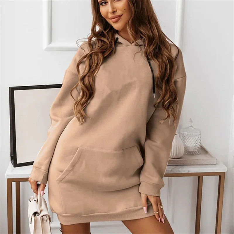 Woman Hoodies Sweatshirts Dress  Long Sleeve Trendy Pull Over Women Hoodie Dress Solid Color Casual Loose Pullover Hoodie
