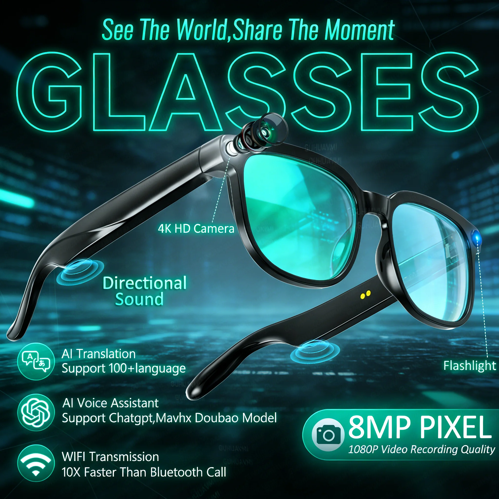 AI Smart Glasses with 4K Camera 800W Camera Video Recording 150+AI Translation AI Voice Assistant Photochromic Lenses Sunglasses