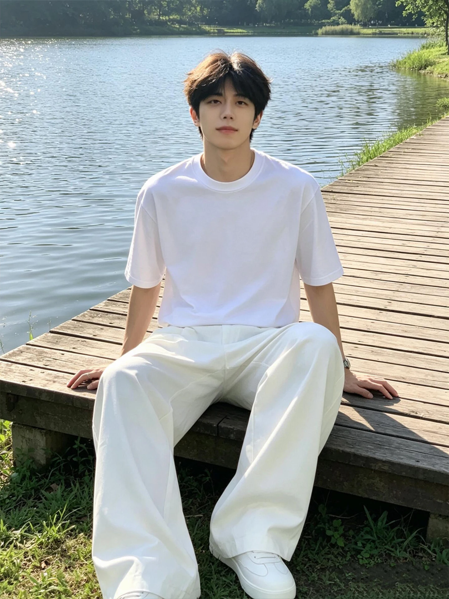 White Straight Leg Men's Summer Thin Ice Silk Casual Pants American Style Suit Collar Trendy Versatile Lightweight Trousers