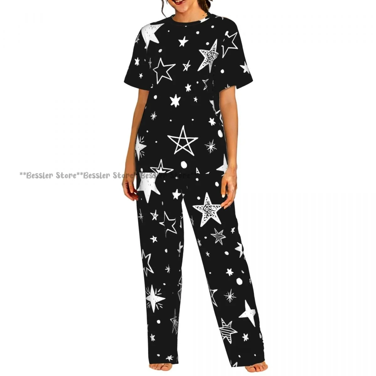 

Women's 2-piece set Black With White Stars Pajamas Short sleeved Top and Pants Sleepwear