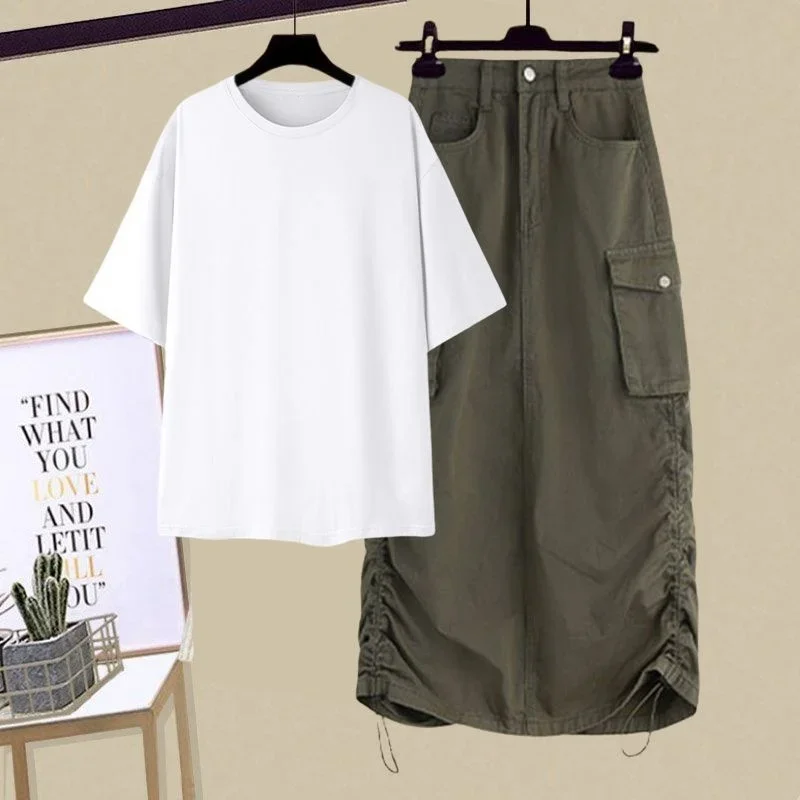 

2025 летние новые женские повседневные футболки-карго, юбки-миди, комплект из 1 или 2 предметов, женский модный пуловер с короткими рукавами, топы, юбки, костюмы