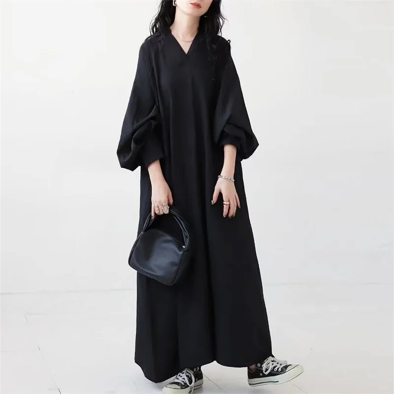 

Spring and Autumn New Fashion Women's Lantern Sleeves Solid Color V-Neck Loose and Skinny Shirt Skirt Long Sleeve Women's Dress