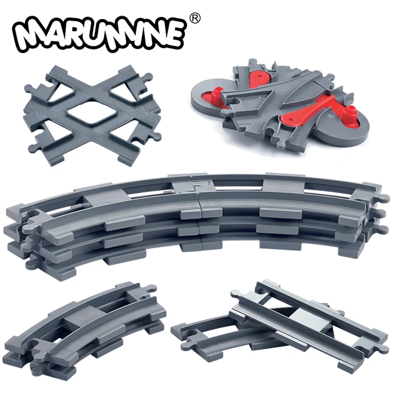 Marumine 8PCS Block Train Straight Curved Track Crossover Parts Railway Switch Big Size Building Bricks City View Accessories