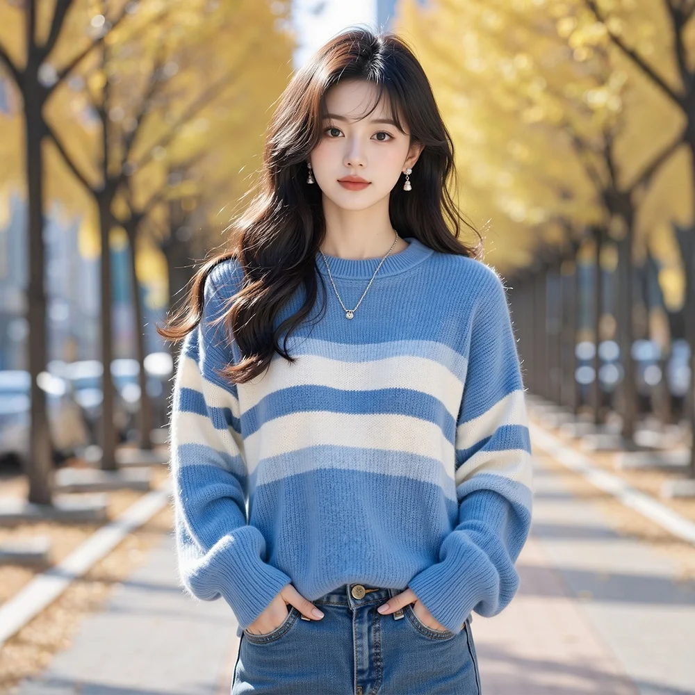 Maglione lavorato a maglia Donna Pullover Nuova manica lunga O-Collo Maglione lavorato a maglia a righe Pullover Donna Top Maglioni Sueters De Mujer Q1370