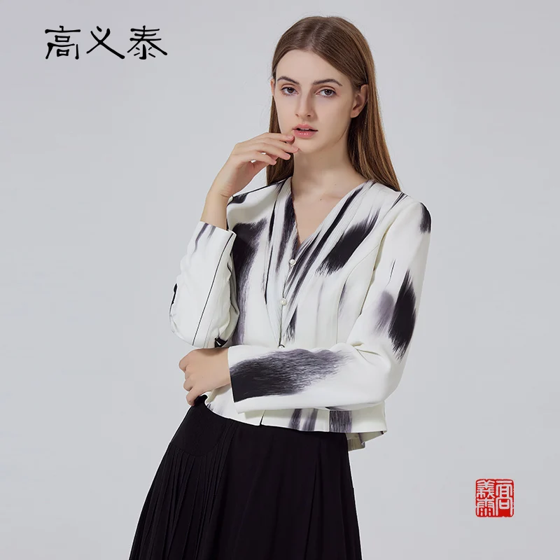 Gaoyitai silk printed heavy crepe de chine 47 momme deep V-neck single row pearl-button long-sleeved retro short coatWY158
