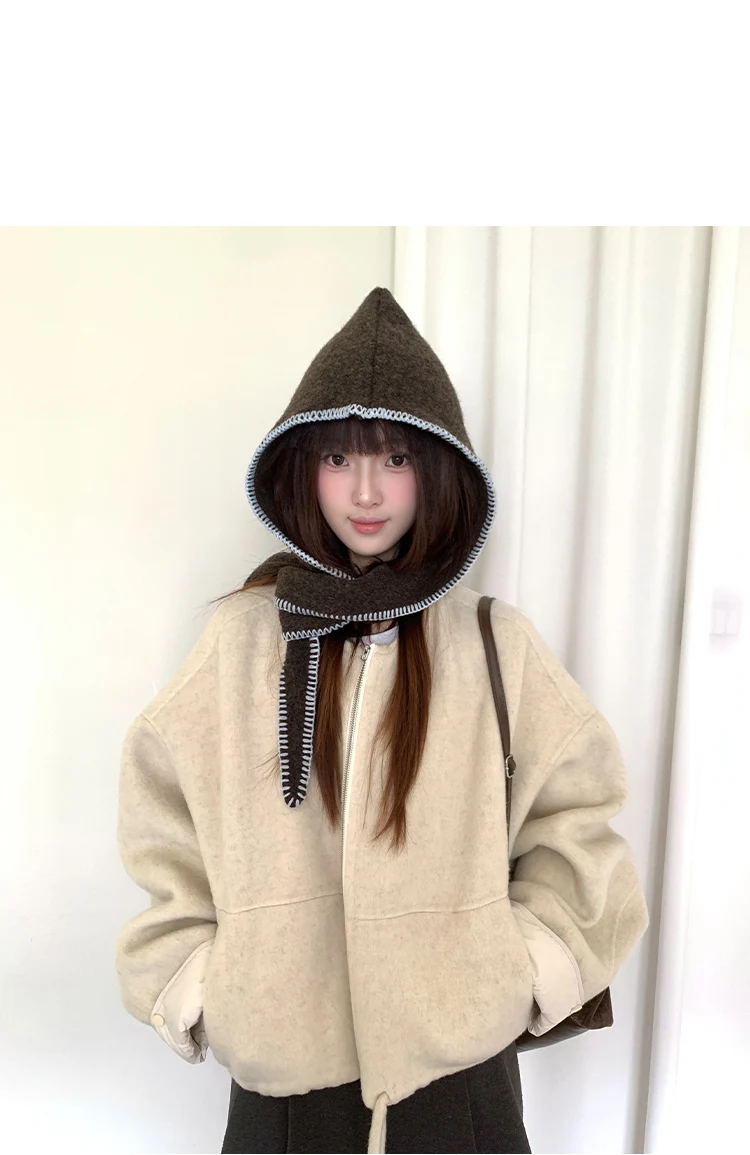 Winter Edge-Locked Balaclava Hat For Women, Slimming Face Effect, Ear-Protecting, Knitted Warm Hat And Scarf All-In