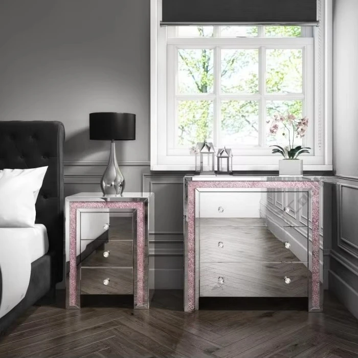 

Sparkling Pink Diamond Bedroom Furniture Mirrored Nightstand Bedside Table