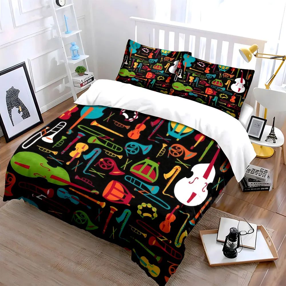 Colorful Musical Instruments Bedding Set Soft Skin-Friendly Bedding Set Includes 1 Duvet Cover And 2 Pillowcase, Gift